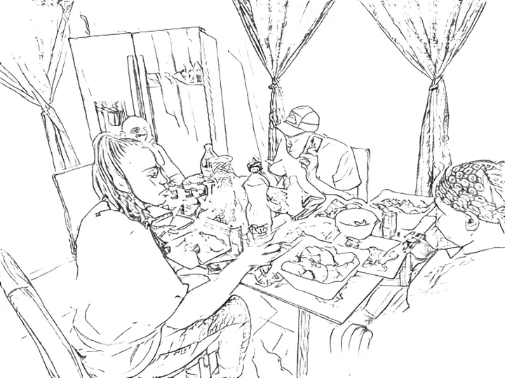 The same family lunch scene as clean black line art